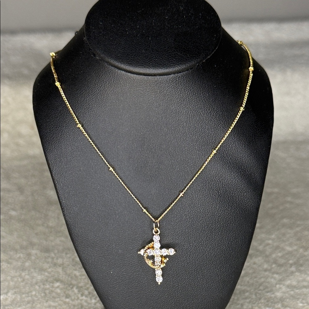 14K Gold Plated Crown Cross CZ Necklace 16in Stainless Steel